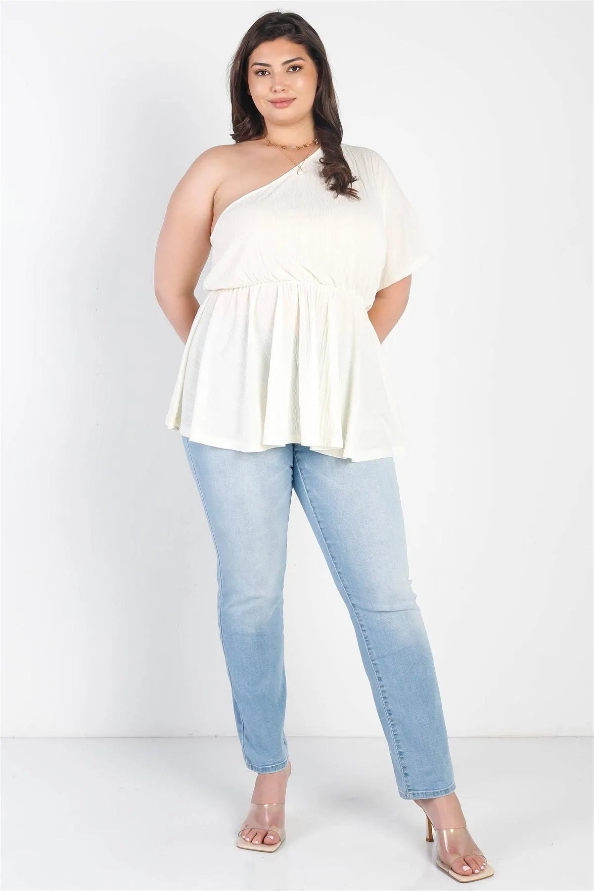 Junior Plus Cream Textured One Shoulder Elasticized Waist Flare Hem Top /3-2-1 - Tasha Apparel Wholesale