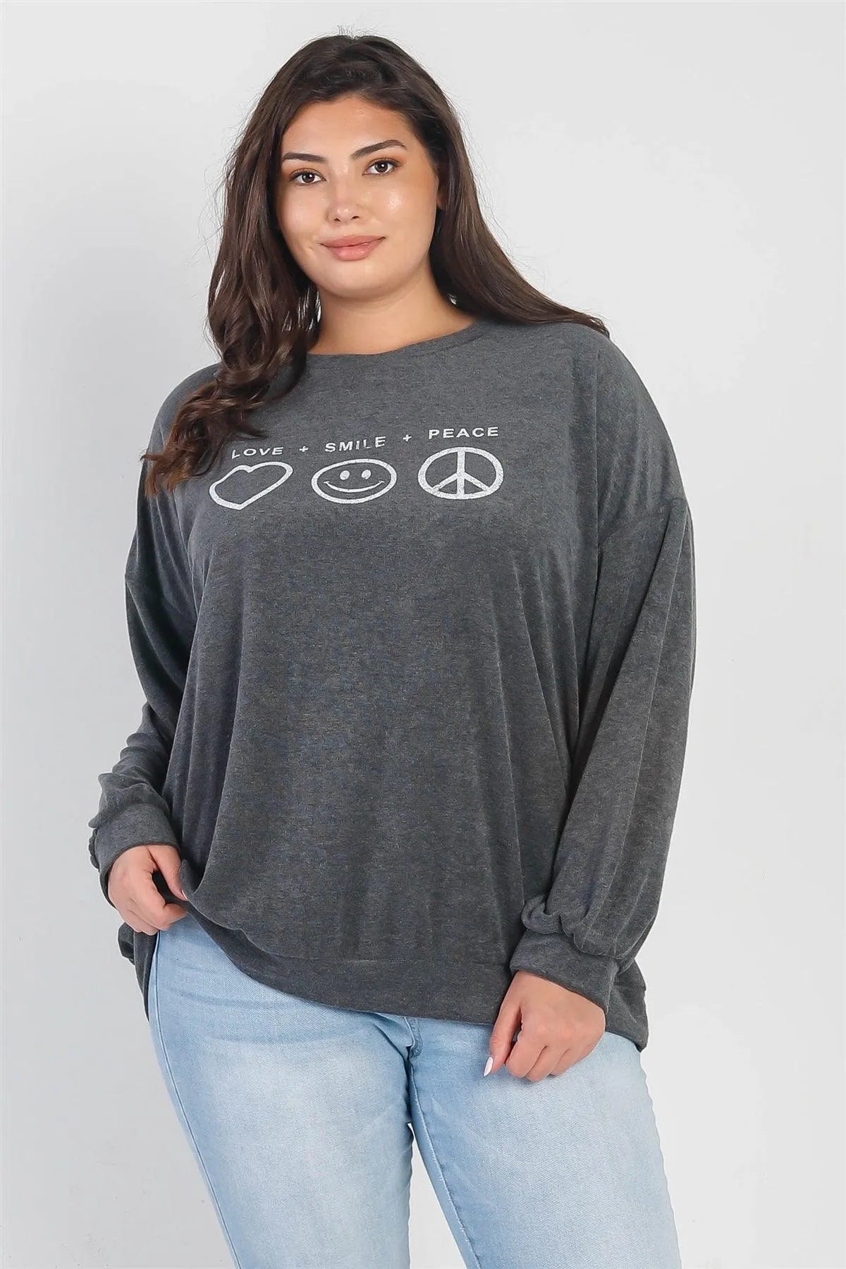 Junior Plus Charcoal "Love Smile Peace" Long Sleeve Top /3-2-1 - Tasha Apparel Wholesale