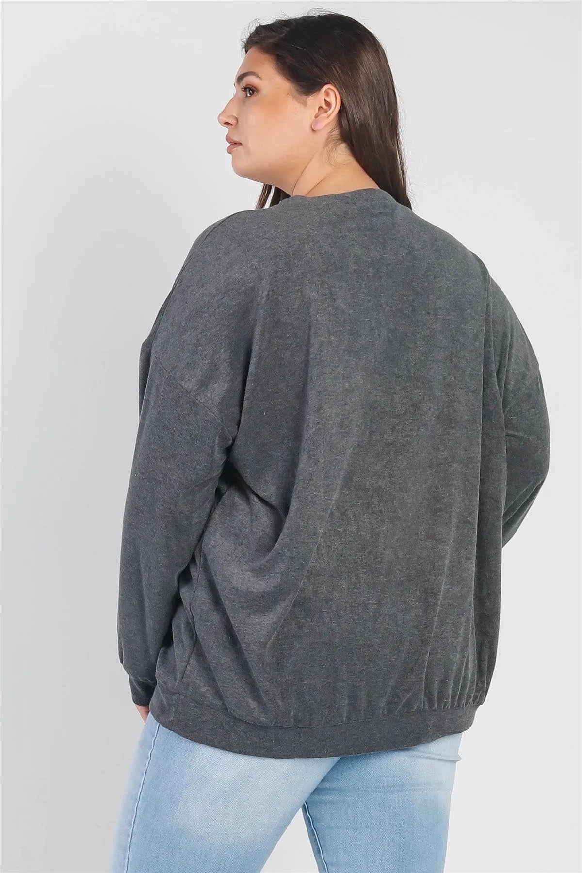 Junior Plus Charcoal "Love Smile Peace" Long Sleeve Top /3-2-1 - Tasha Apparel Wholesale