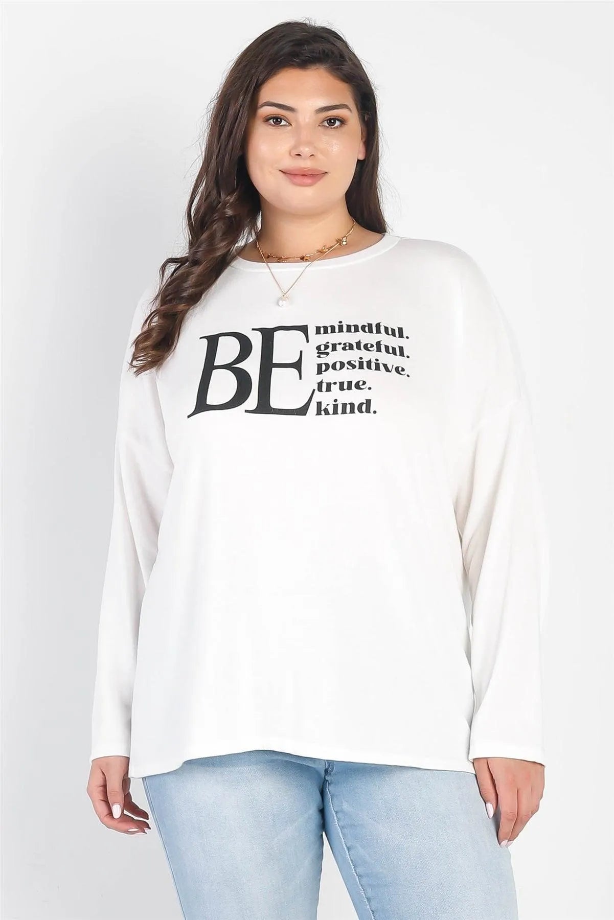 Junior Plus "Be" White Long Sleeve Top /2-2-1 - Tasha Apparel Wholesale