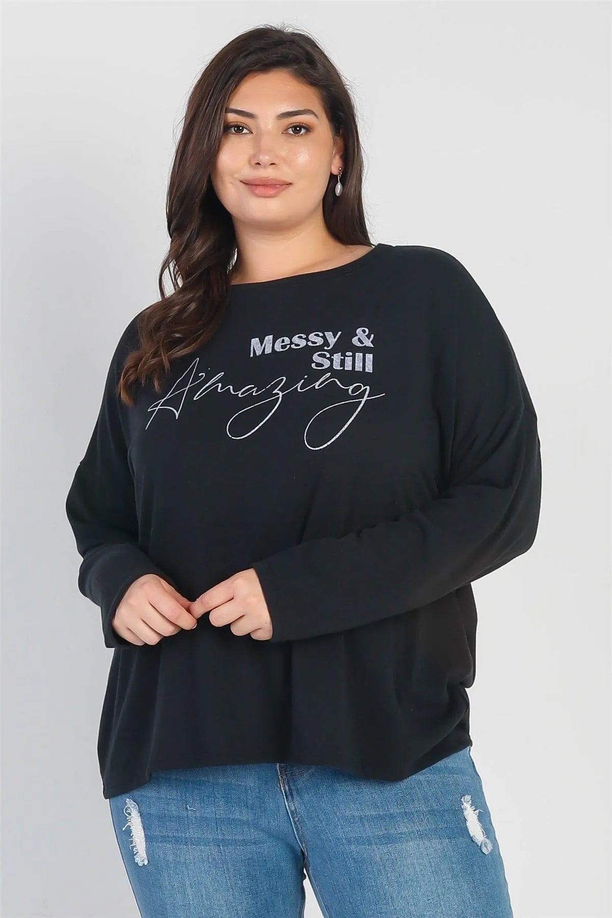 Junior Plus "Messy & Still Amazing" Black Long Sleeve Top /3-2-1 - Tasha Apparel Wholesale