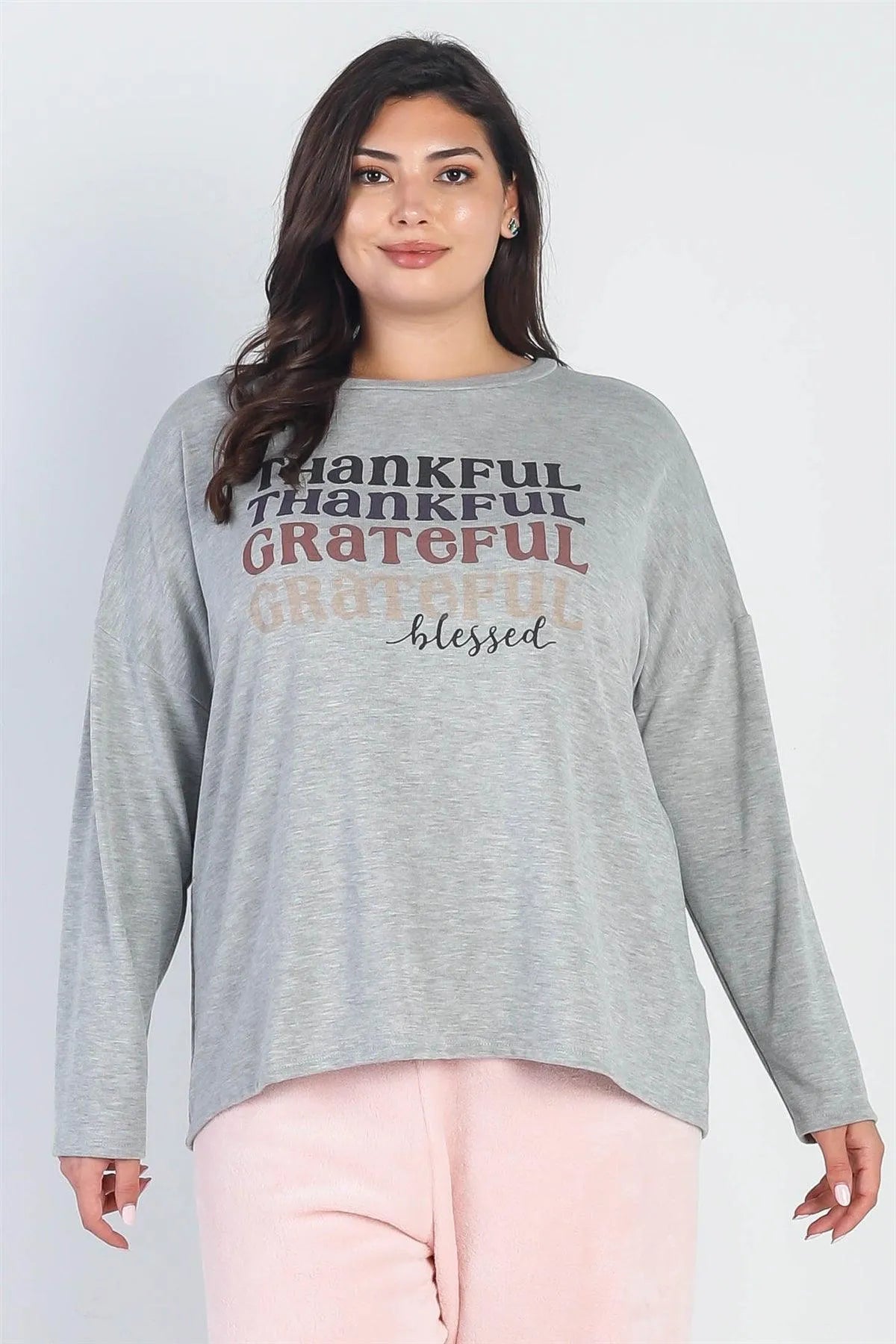 Junior Plus Heather Grey "Thankful" Long Sleeve Top /3-2-1 - Tasha Apparel Wholesale