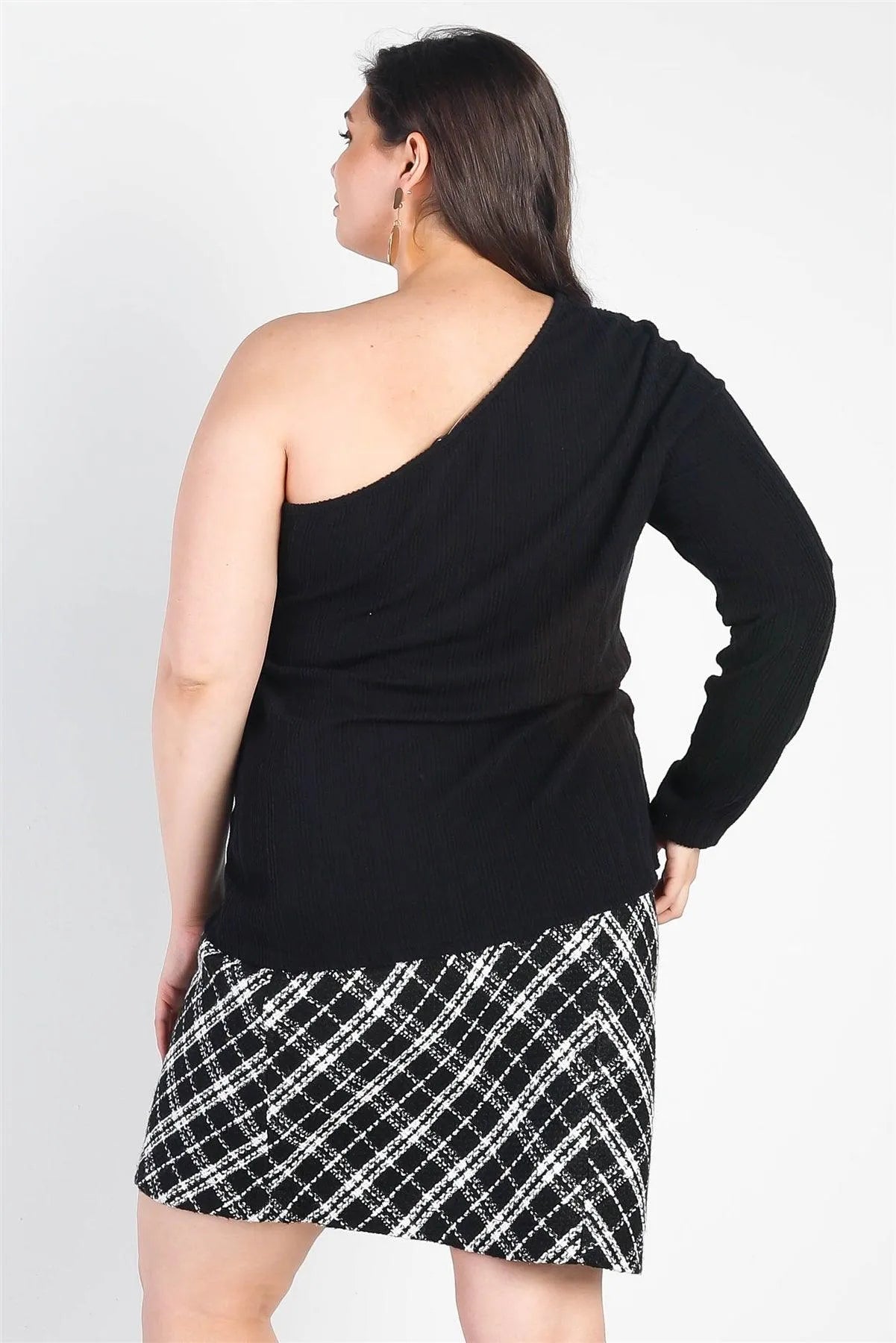 Junior Plus Black Ribbed One Shoulder Top /3-2-1 - Tasha Apparel Wholesale