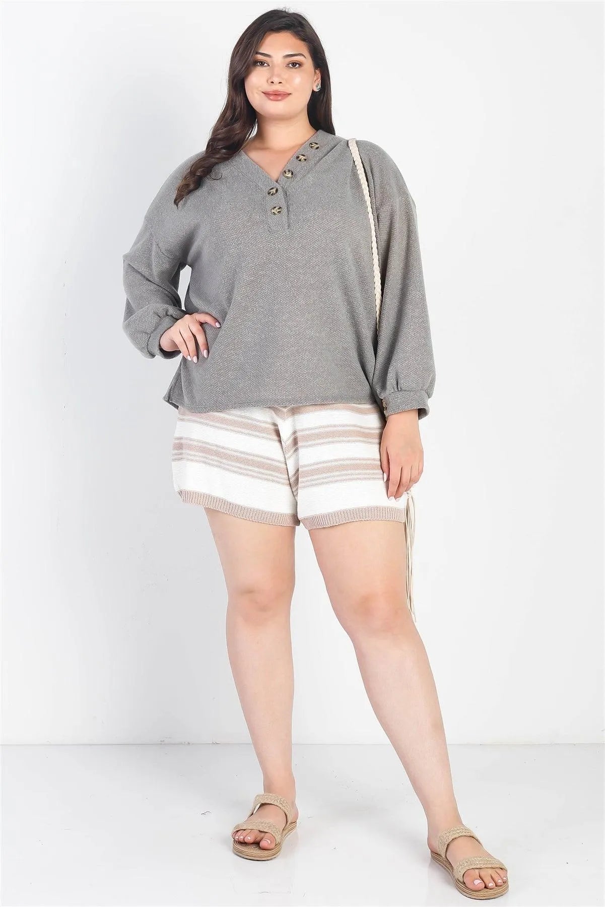 Plus Size Textured Button Long Sleeve Top /3-2-1 - Tasha Apparel Wholesale