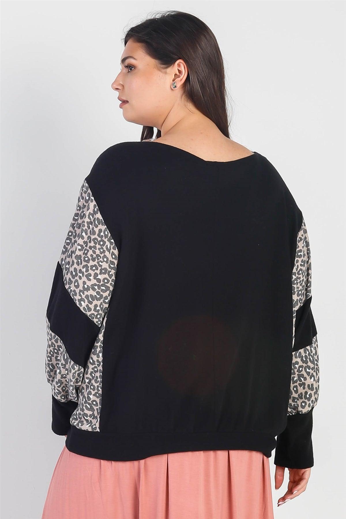 Junior Plus Black Flannel Leopard Print Colorblock Dolman Sleeve Top /3-2-1