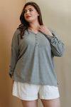 Junior Plus Olive Knit Button-Up V-Neck Long Sleeve Top /2-2-1