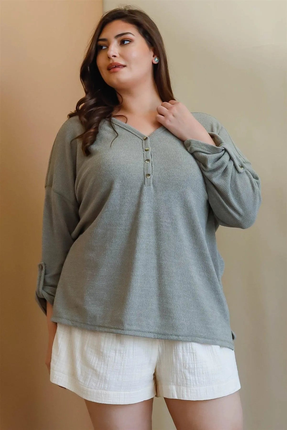 Junior Plus Olive Knit Button-Up V-Neck Long Sleeve Top /2-2-1 - Tasha Apparel Wholesale