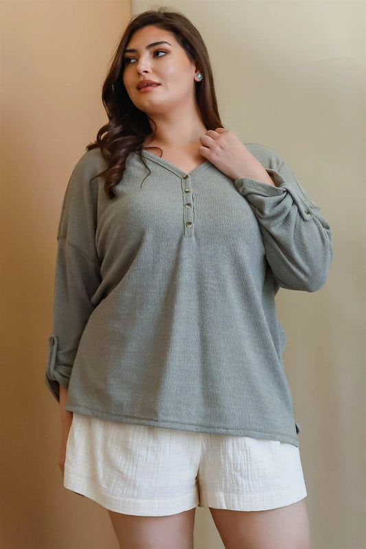 Junior Plus Olive Knit Button-Up V-Neck Long Sleeve Top /2-2-1 - Tasha Apparel Wholesale