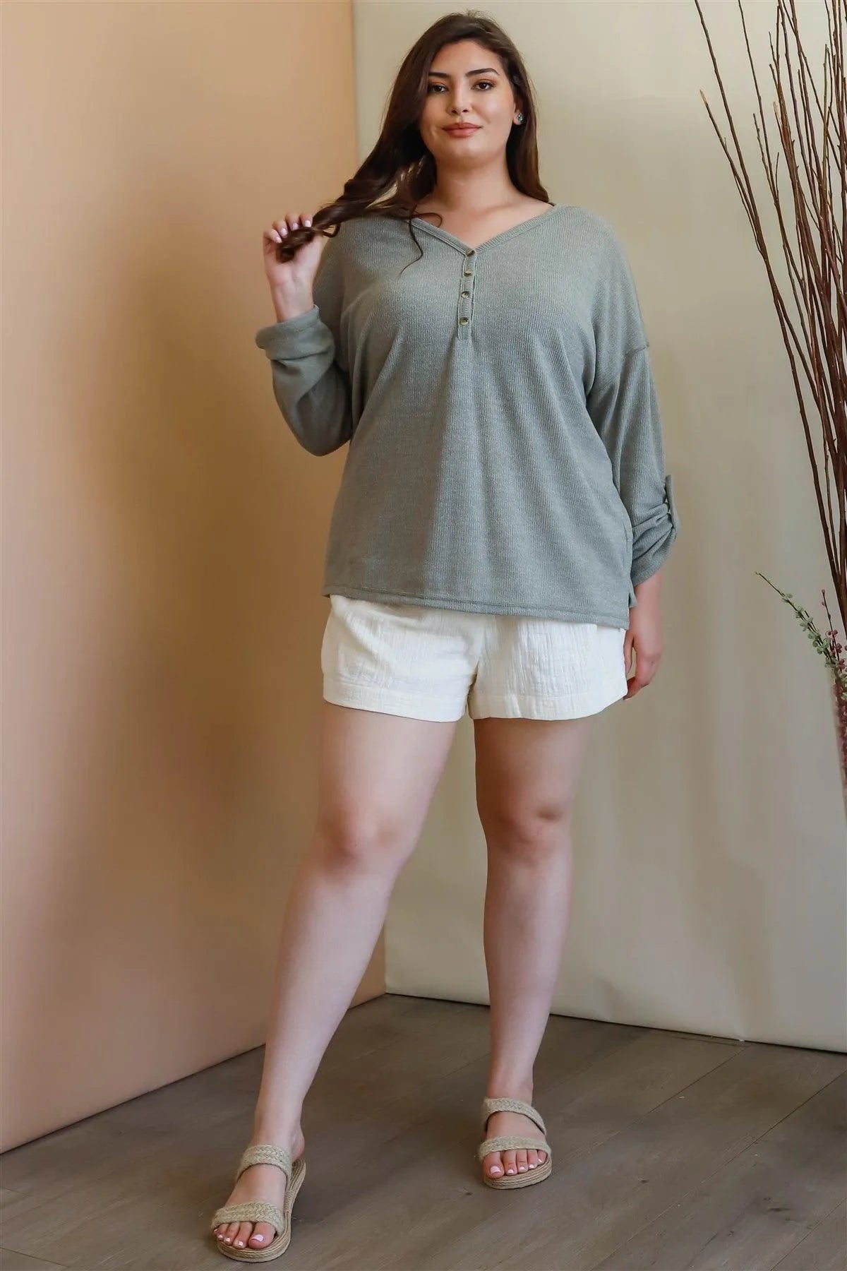 Junior Plus Olive Knit Button-Up V-Neck Long Sleeve Top /3-2-1 - Tasha Apparel Wholesale