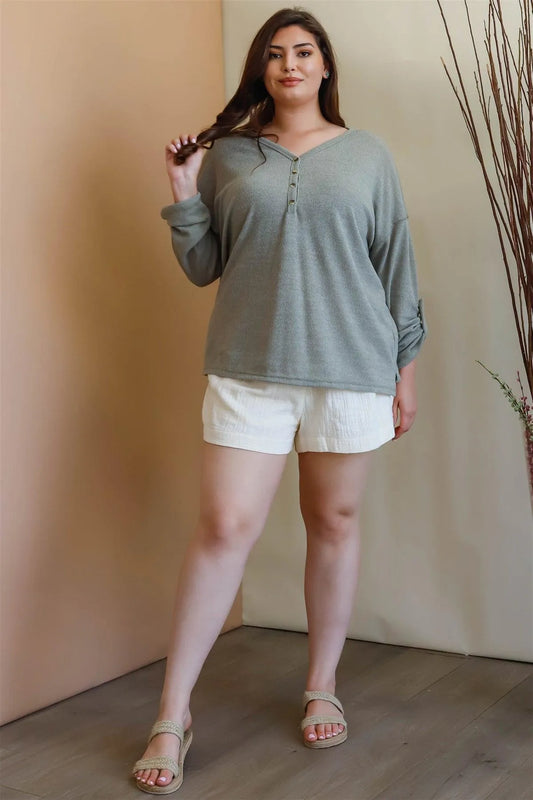 Junior Plus Olive Knit Button-Up V-Neck Long Sleeve Top /3-2-1 - Tasha Apparel Wholesale
