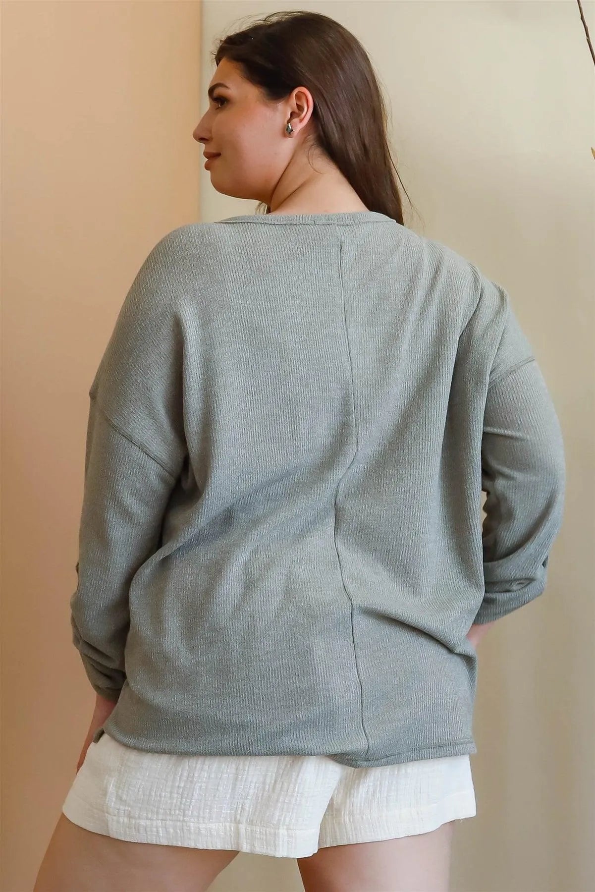 Junior Plus Olive Knit Button-Up V-Neck Long Sleeve Top /3-2-1 - Tasha Apparel Wholesale