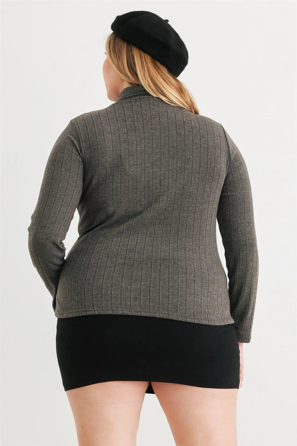 Junior Plus Charcoal Ribbed Mock Neck Long Sleeve Top /3-2-1 - Tasha Apparel Wholesale