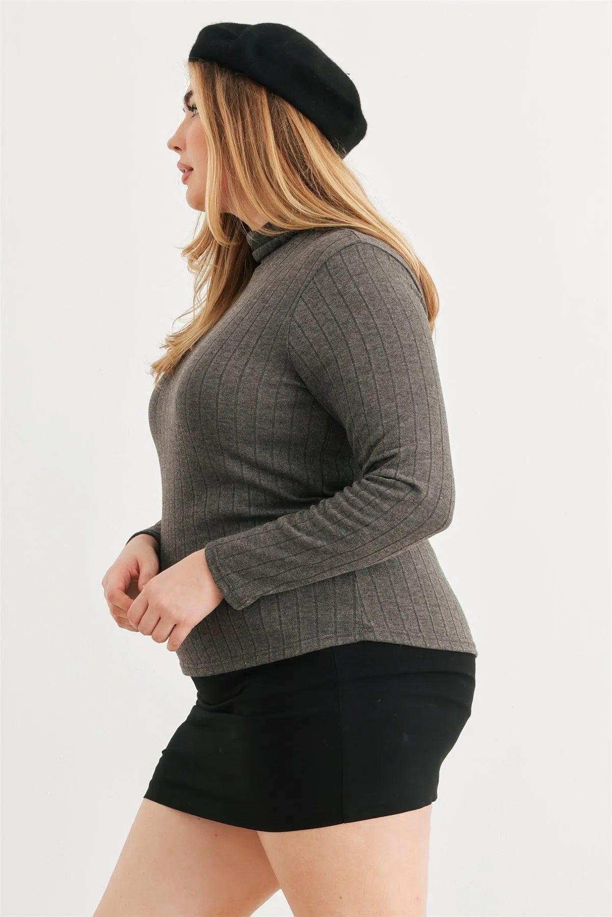 Junior Plus Charcoal Ribbed Mock Neck Long Sleeve Top /3-2-1 - Tasha Apparel Wholesale