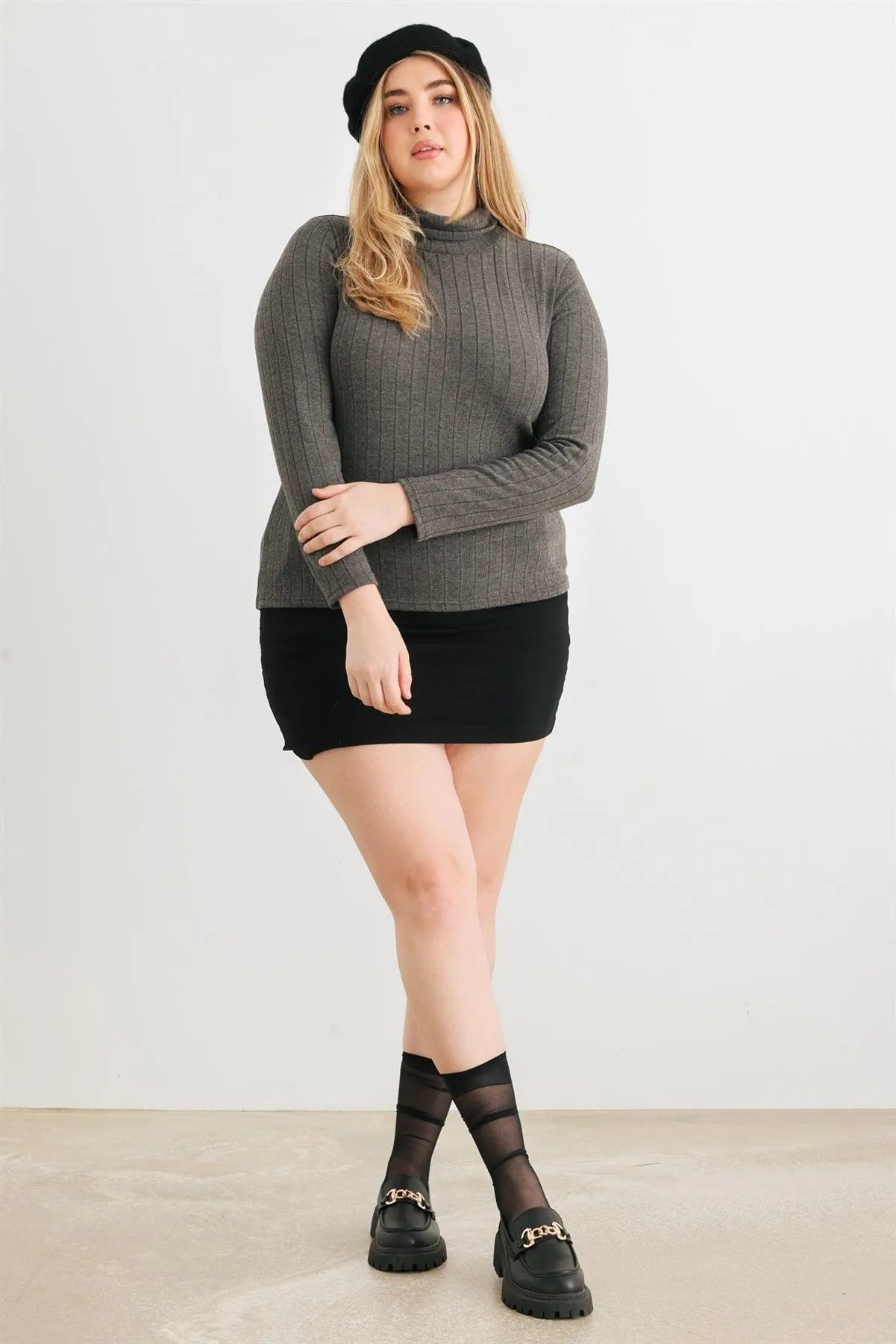 Junior Plus Charcoal Ribbed Mock Neck Long Sleeve Top /3-2-1 - Tasha Apparel Wholesale