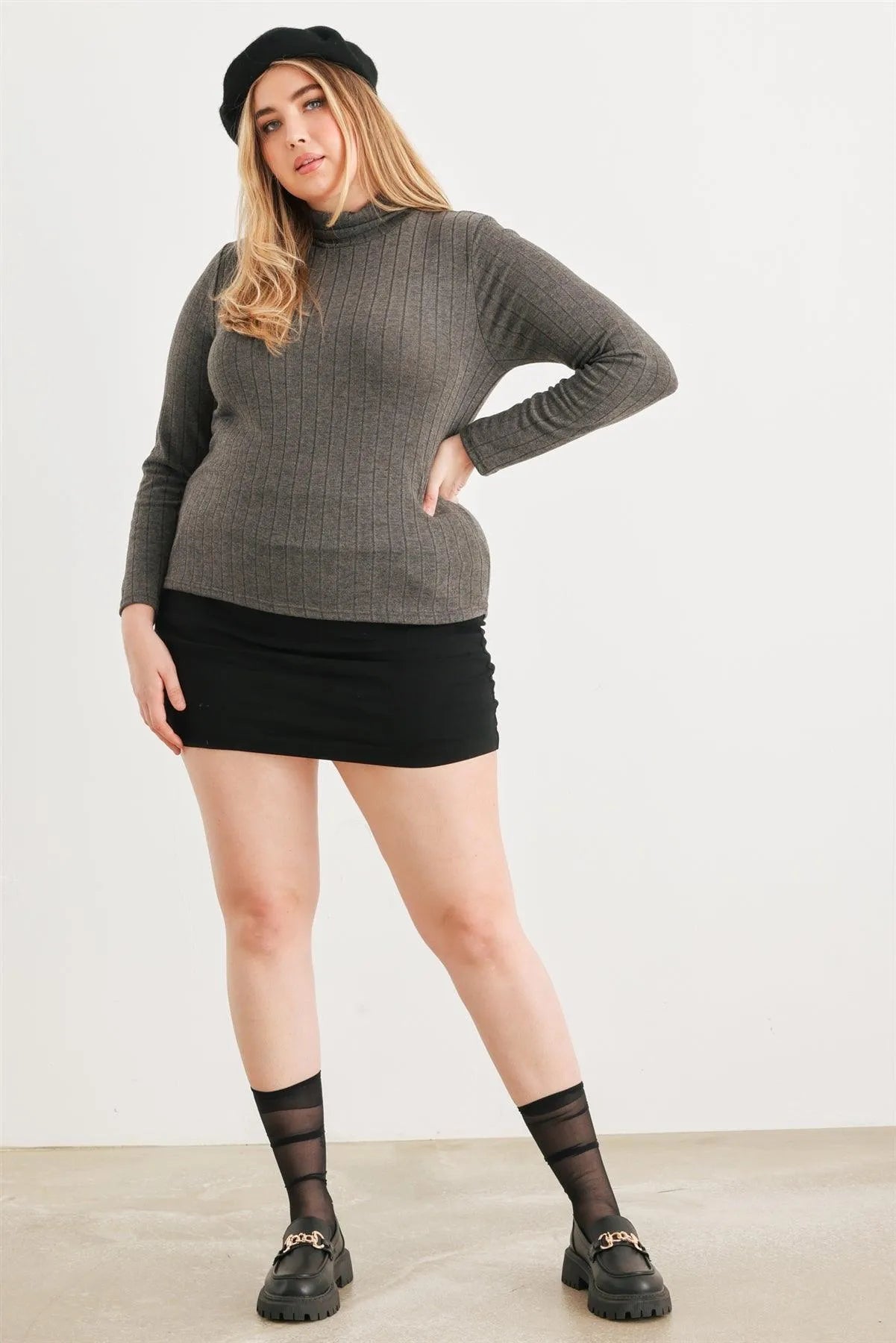 Junior Plus Charcoal Ribbed Mock Neck Long Sleeve Top /3-2-1 - Tasha Apparel Wholesale