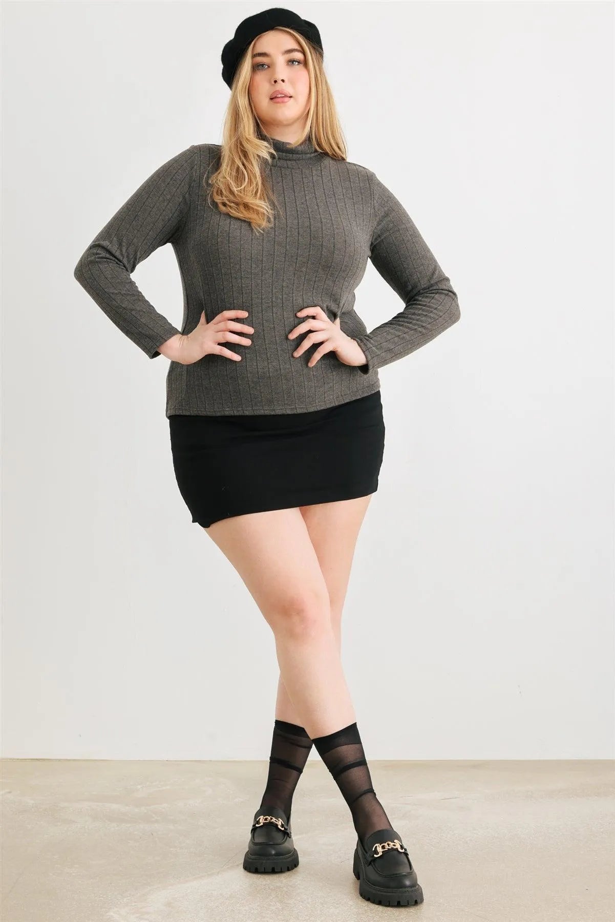 Junior Plus Charcoal Ribbed Mock Neck Long Sleeve Top /3-2-1 - Tasha Apparel Wholesale