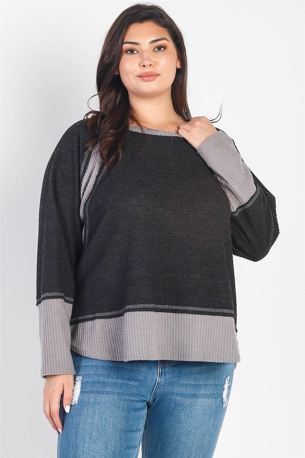 Junior Plus Charcoal & Grey Colorblock Waffle Knit Long Sleeve Top /3-2-1