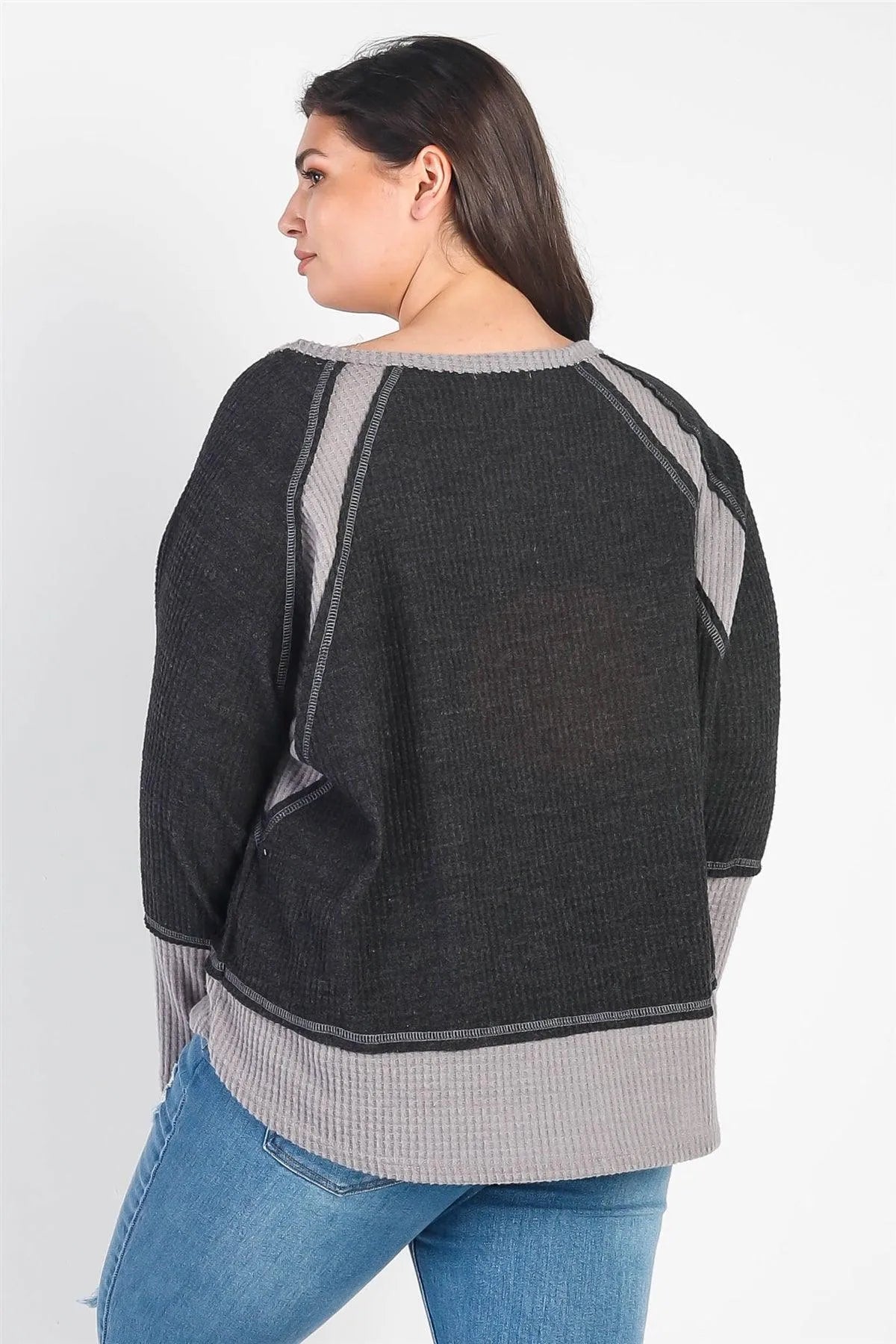 Plus Size Colorblock Waffle Knit Long Sleeve Top /3-2-1 - Tasha Apparel Wholesale