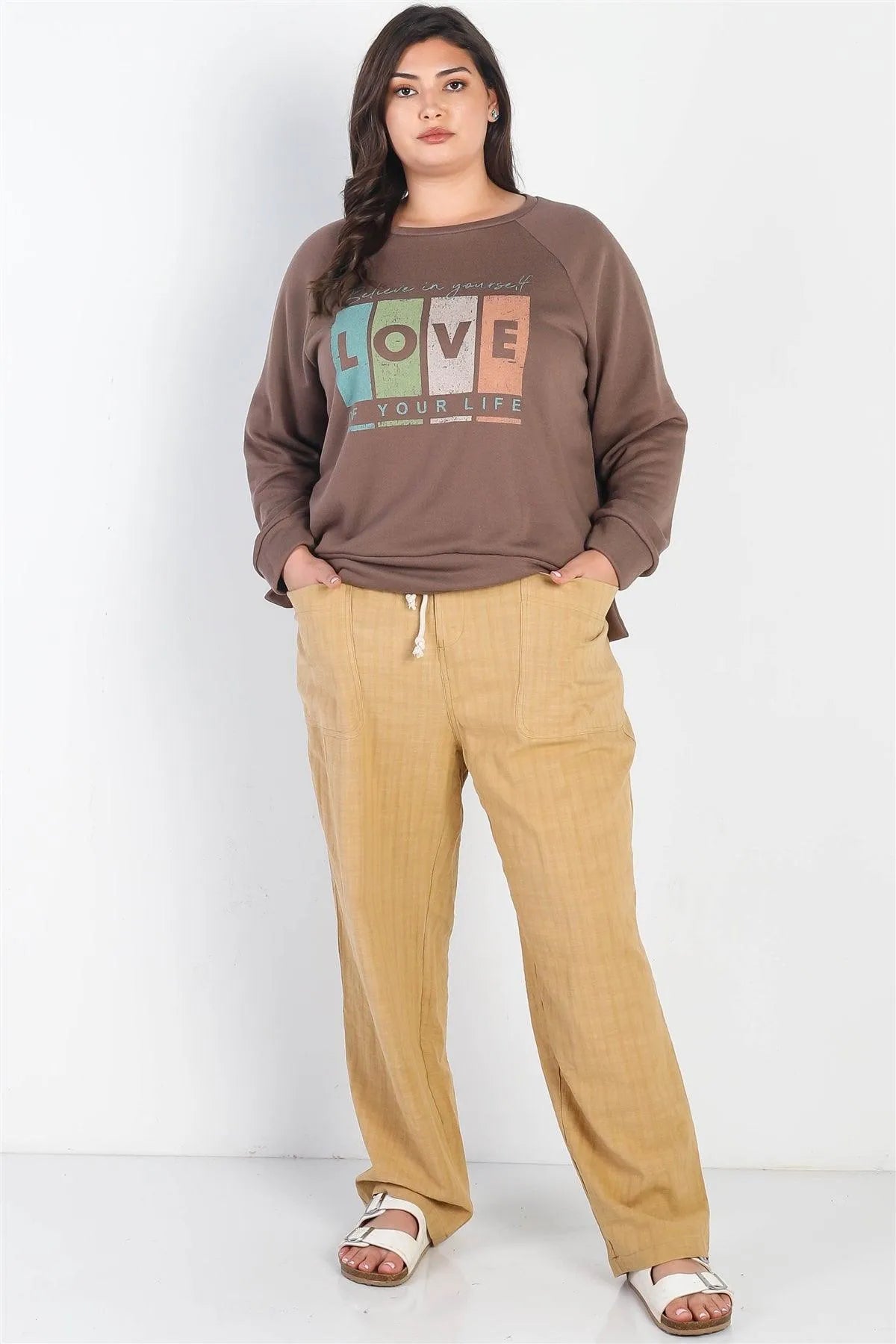 Junior Plus Cocoa "Believe In Yourself,4 Love Of Your Life" Long Sleeve Top /3-2-1 - Tasha Apparel Wholesale