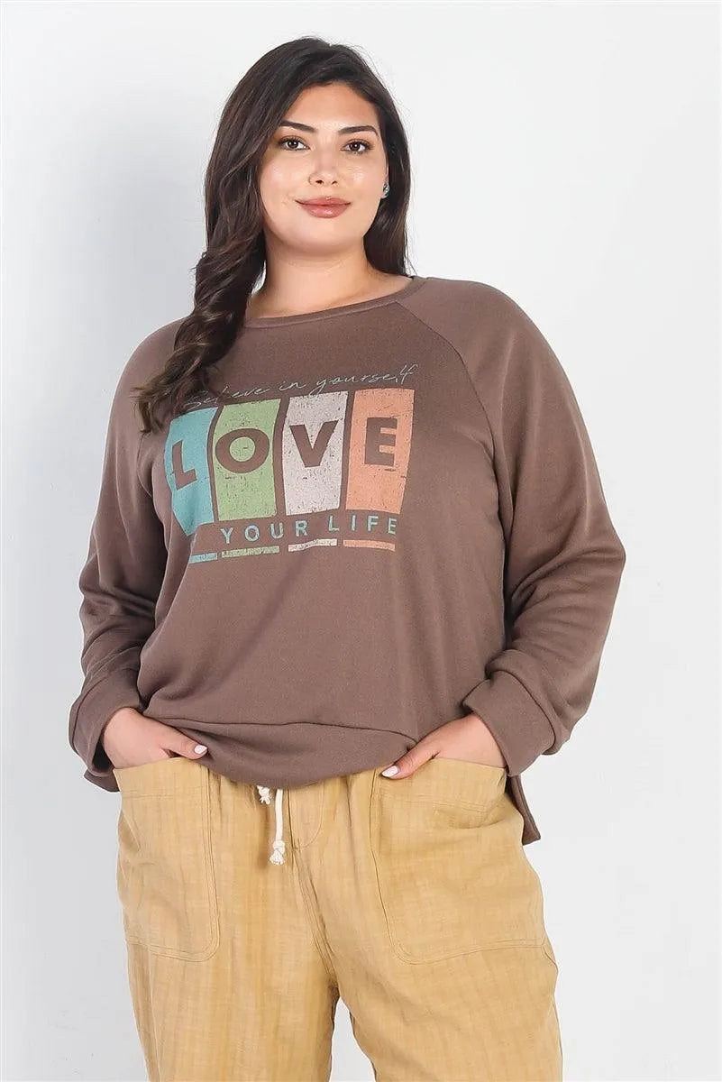 Junior Plus Cocoa "Believe In Yourself,4 Love Of Your Life" Long Sleeve Top /3-2-1 - Tasha Apparel Wholesale