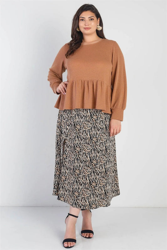 Junior Plus Caramel Waffle Knit Back Button Detail Long Sleeve Top /2-2-1 - Tasha Apparel Wholesale