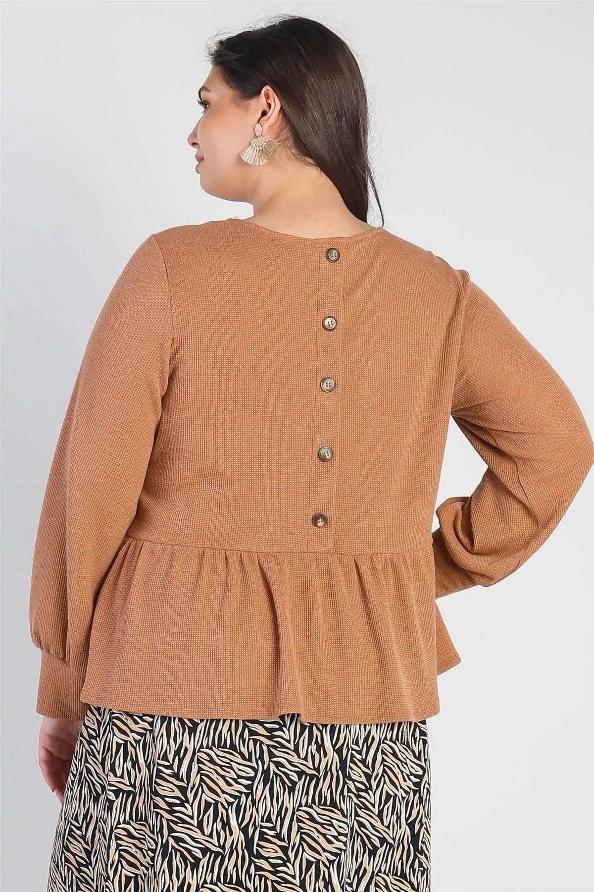 Junior Plus Caramel Waffle Knit Back Button Detail Long Sleeve Top /2-2-1 - Tasha Apparel Wholesale