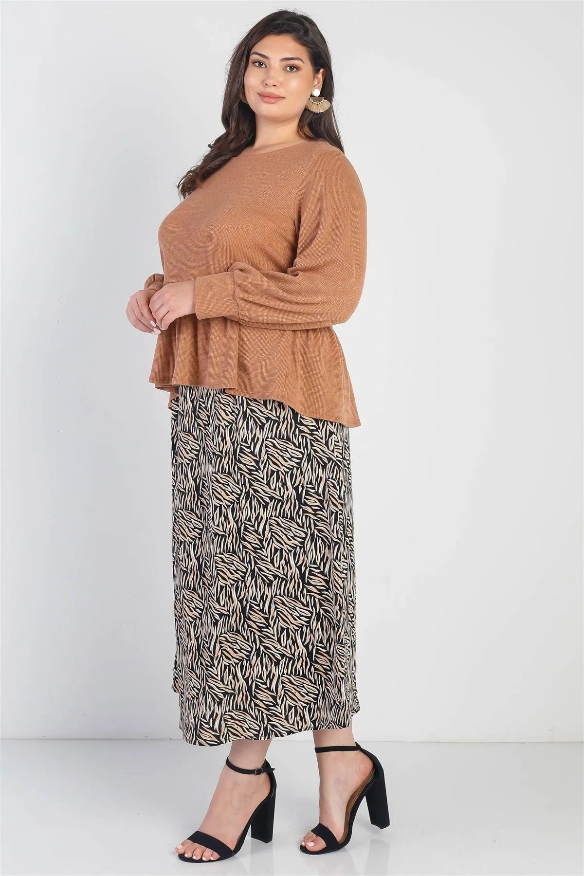 Junior Plus Caramel Waffle Knit Back Button Detail Long Sleeve Top /2-2-1 - Tasha Apparel Wholesale