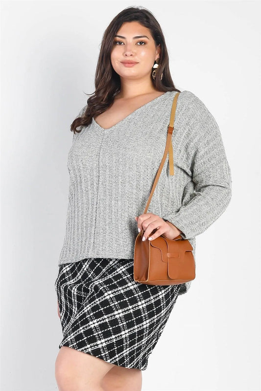 Junior Plus Cement Knit V-Neck Long Sleeve Top /3-2-1 - Tasha Apparel Wholesale