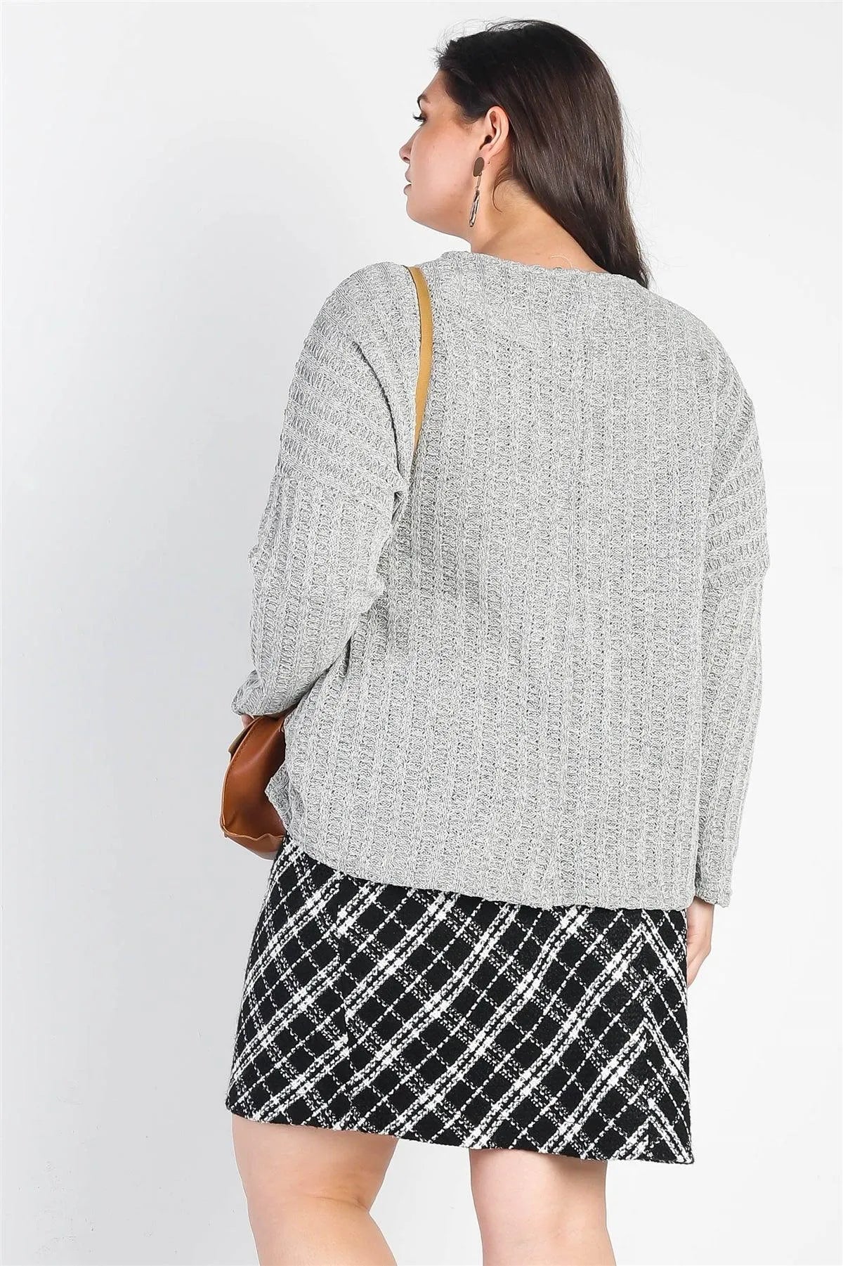 Junior Plus Cement Knit V-Neck Long Sleeve Top /3-2-1 - Tasha Apparel Wholesale
