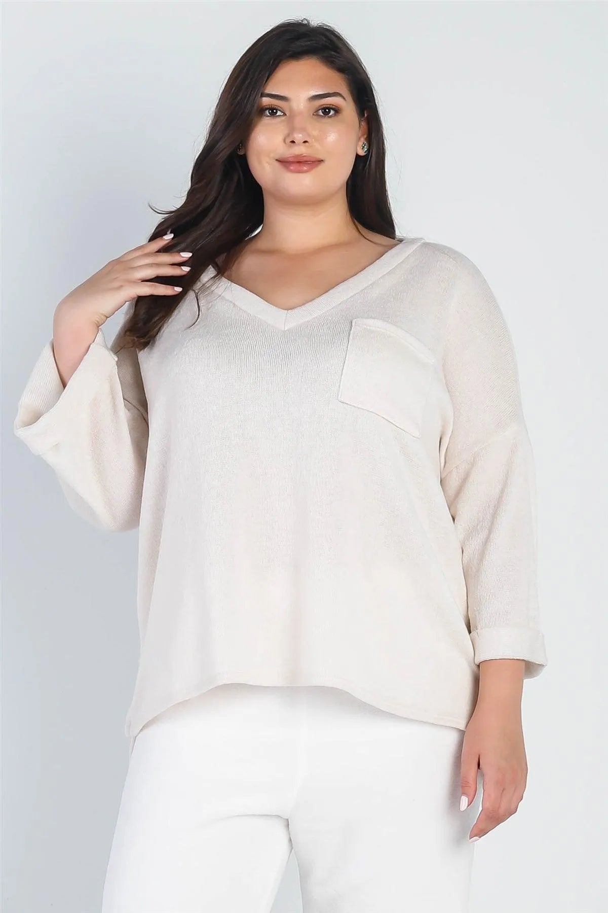 Junior Plus Cream Knit V-Neck Pocket Front Top /3-2-1 - Tasha Apparel Wholesale