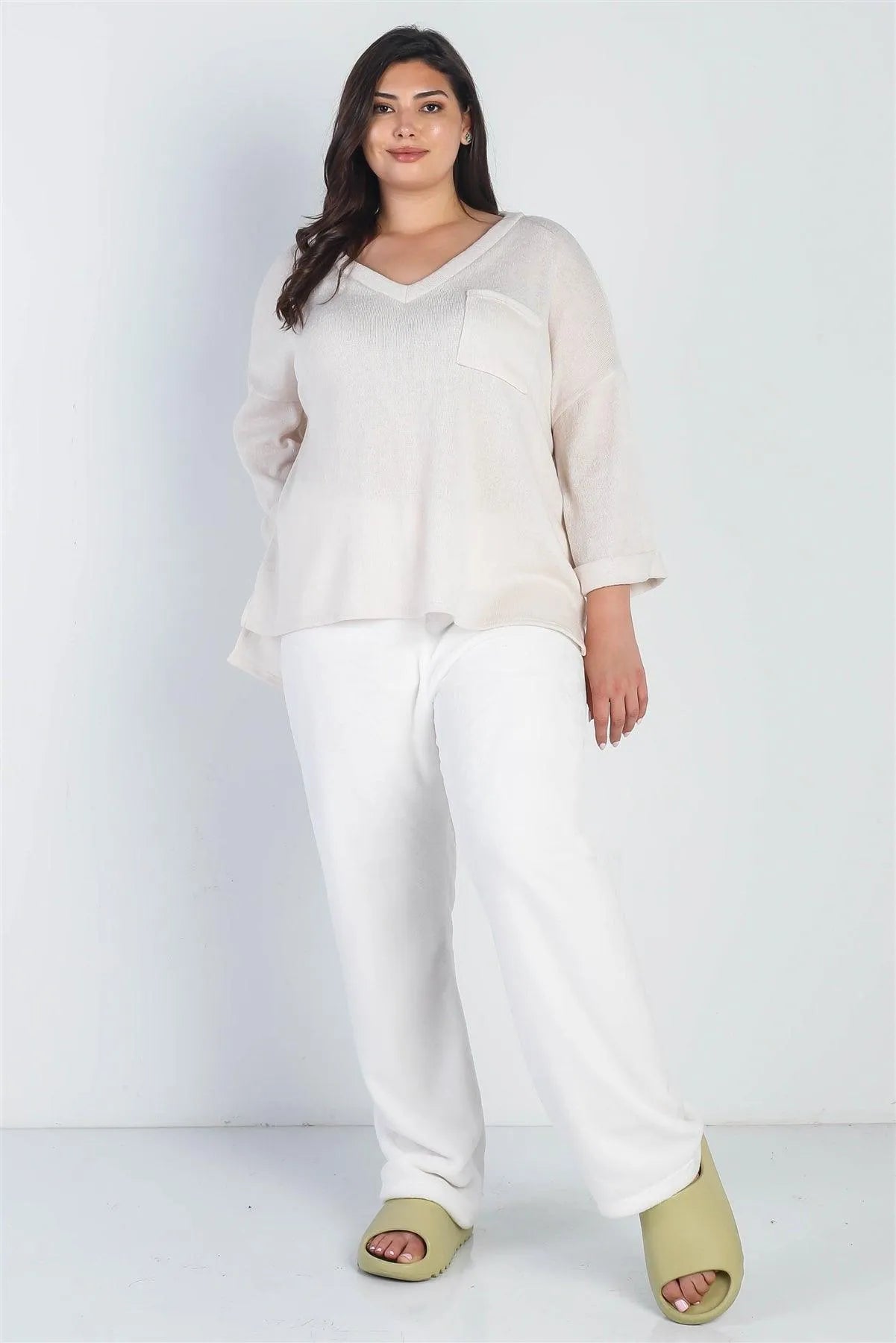 Junior Plus Cream Knit V-Neck Pocket Front Top /3-2-1 - Tasha Apparel Wholesale