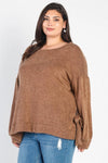 Junior Plus Coffee Knit Side Self-Tie Detail Long Sleeve Top /3-2-1 - Tasha Apparel Wholesale
