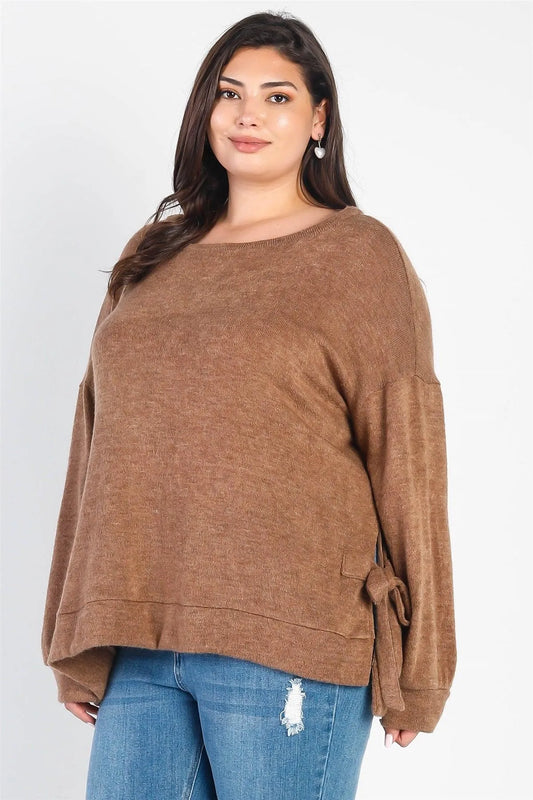 Junior Plus Coffee Knit Side Self-Tie Detail Long Sleeve Top /3-2-1 - Tasha Apparel Wholesale