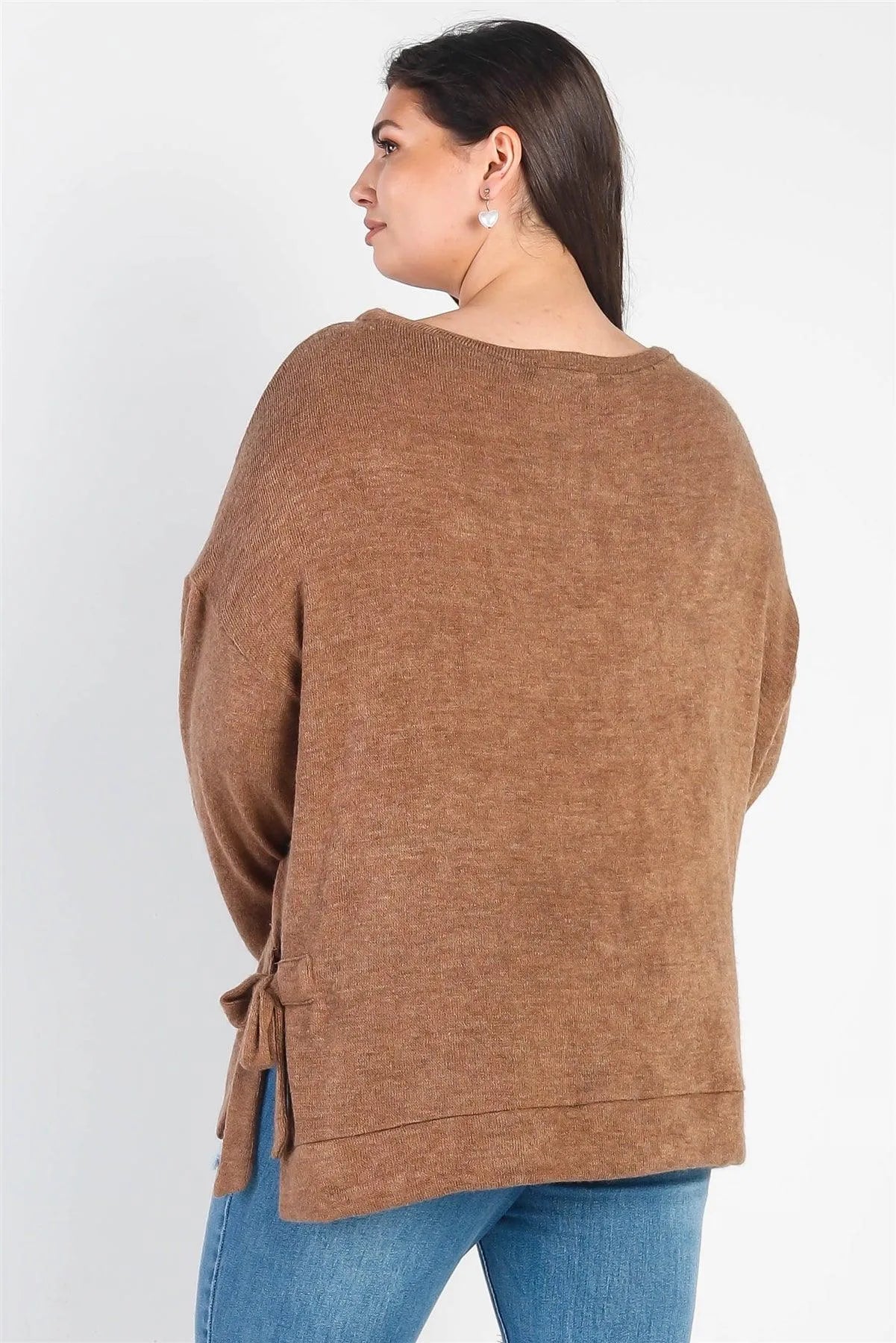 Junior Plus Coffee Knit Side Self-Tie Detail Long Sleeve Top /3-2-1 - Tasha Apparel Wholesale