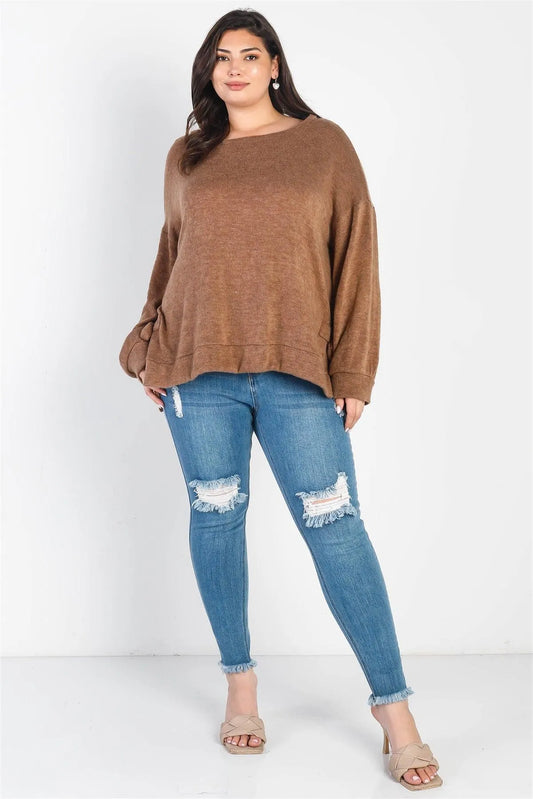 Junior Plus Coffee Knit Side Self-Tie Detail Long Sleeve Top /4-2-1 - Tasha Apparel Wholesale