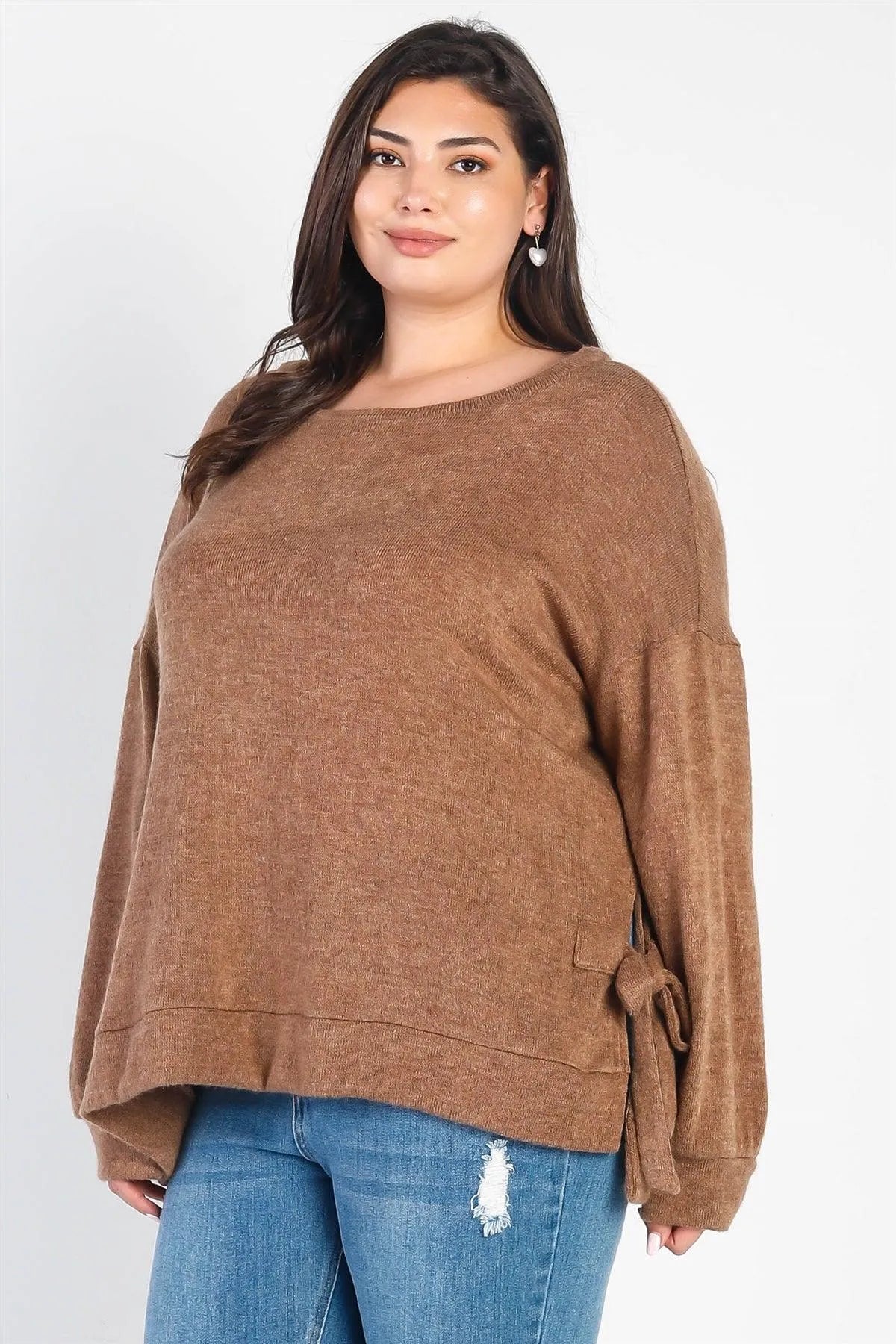 Junior Plus Coffee Knit Side Self-Tie Detail Long Sleeve Top /4-2-1 - Tasha Apparel Wholesale