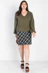 Plus Size Olive Flannel V-Neck Long Sleeve Top /3-2-1 - Tasha Apparel Wholesale