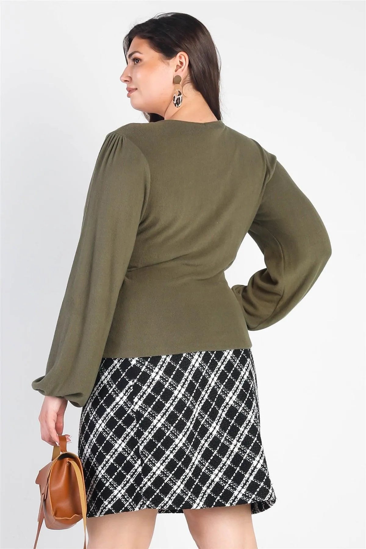 Plus Size Olive Flannel V-Neck Long Sleeve Top /3-2-1 - Tasha Apparel Wholesale