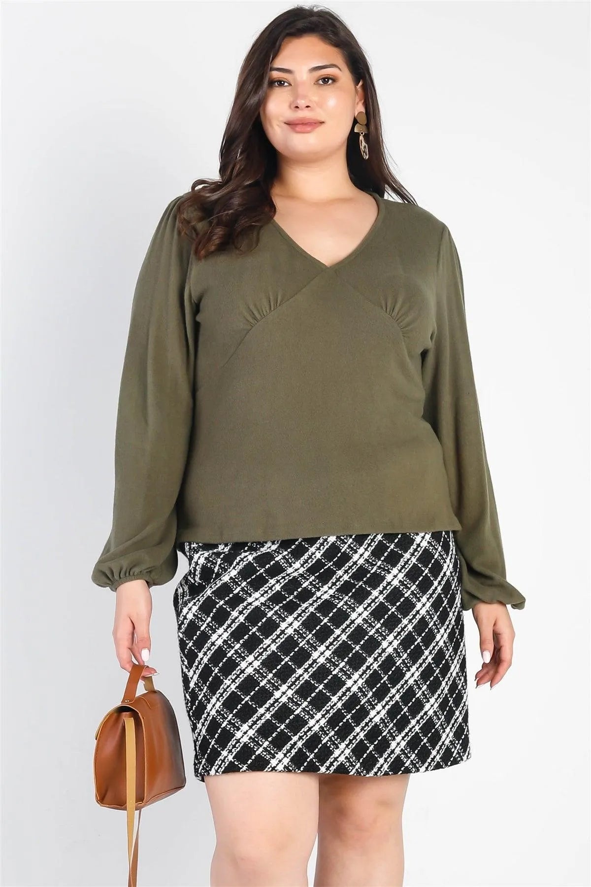 Plus Size Olive Flannel V-Neck Long Sleeve Top /3-2-1 - Tasha Apparel Wholesale