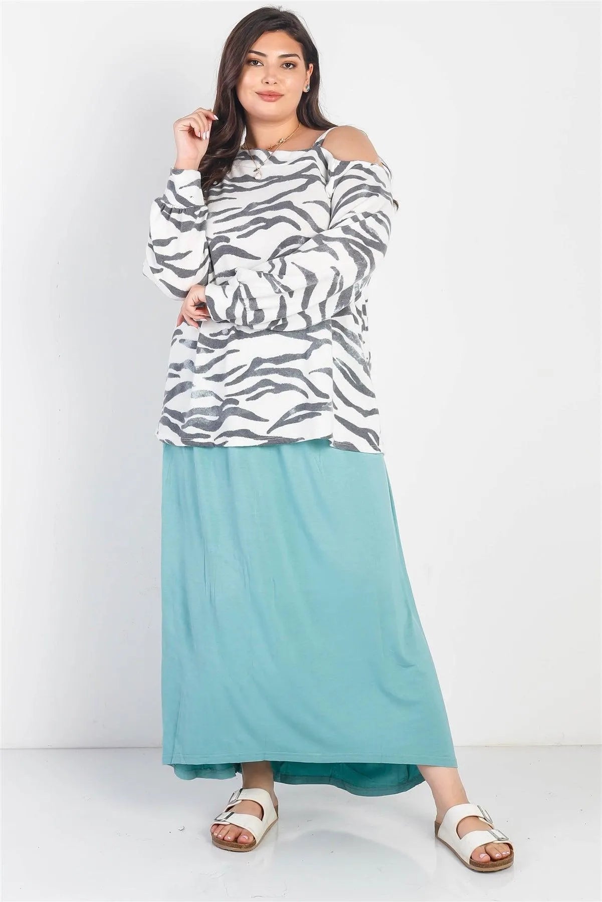 Plus Size Zebra Flannel Cold Shoulder Long Sleeve Top /3-2-1 - Tasha Apparel Wholesale