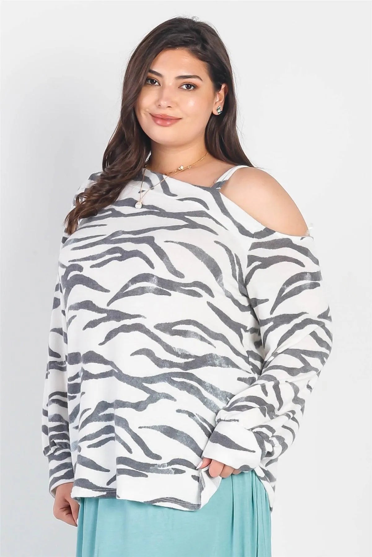 Plus Size Zebra Flannel Cold Shoulder Long Sleeve Top /3-2-1 - Tasha Apparel Wholesale