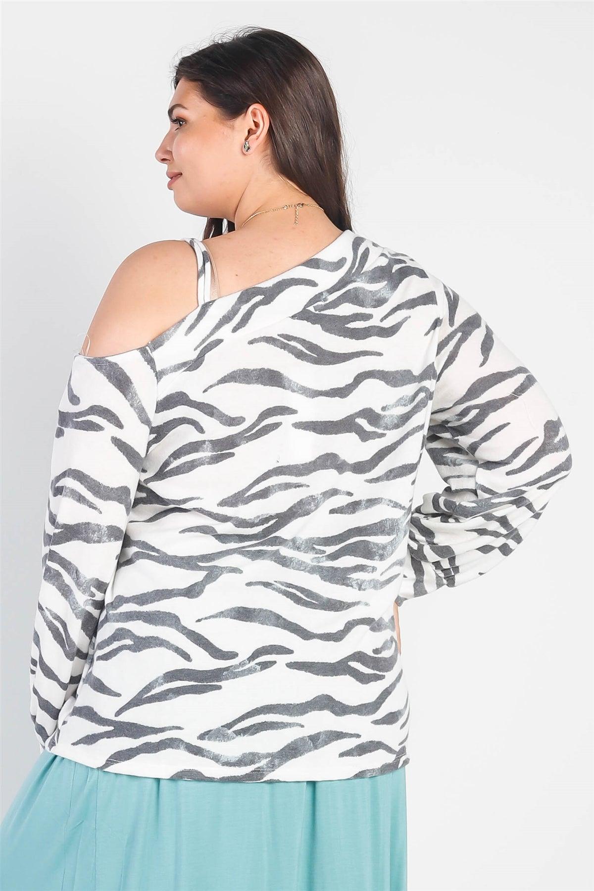 Junior Plus White & Charcoal Zebra Flannel Cold Shoulder Long Sleeve Top /3-2-1