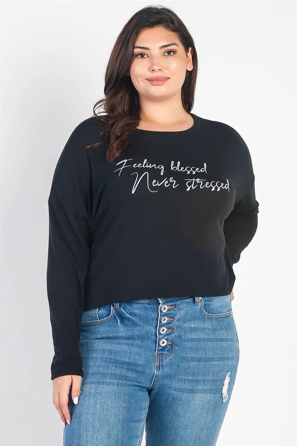 Junior Plus "Feeling Blessed Never Stressed" Black Long Sleeve Top /3-2-1 - Tasha Apparel Wholesale