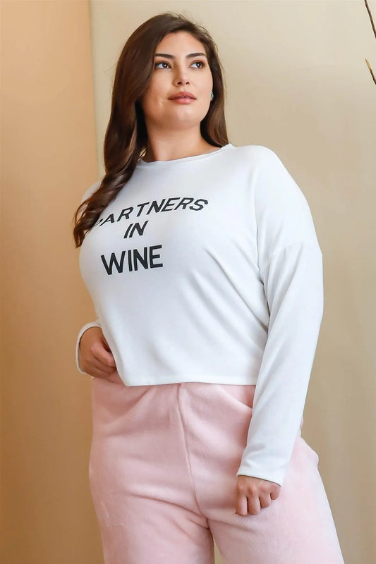 Junior Plus "Partners In Wine" White Long Sleeve Top /3-2 - Tasha Apparel Wholesale