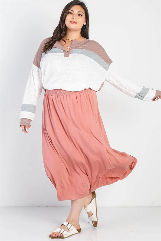 Junior Plus White & Cocoa Waffle Knit Long Sleeve Top /3-2-1 - Tasha Apparel Wholesale