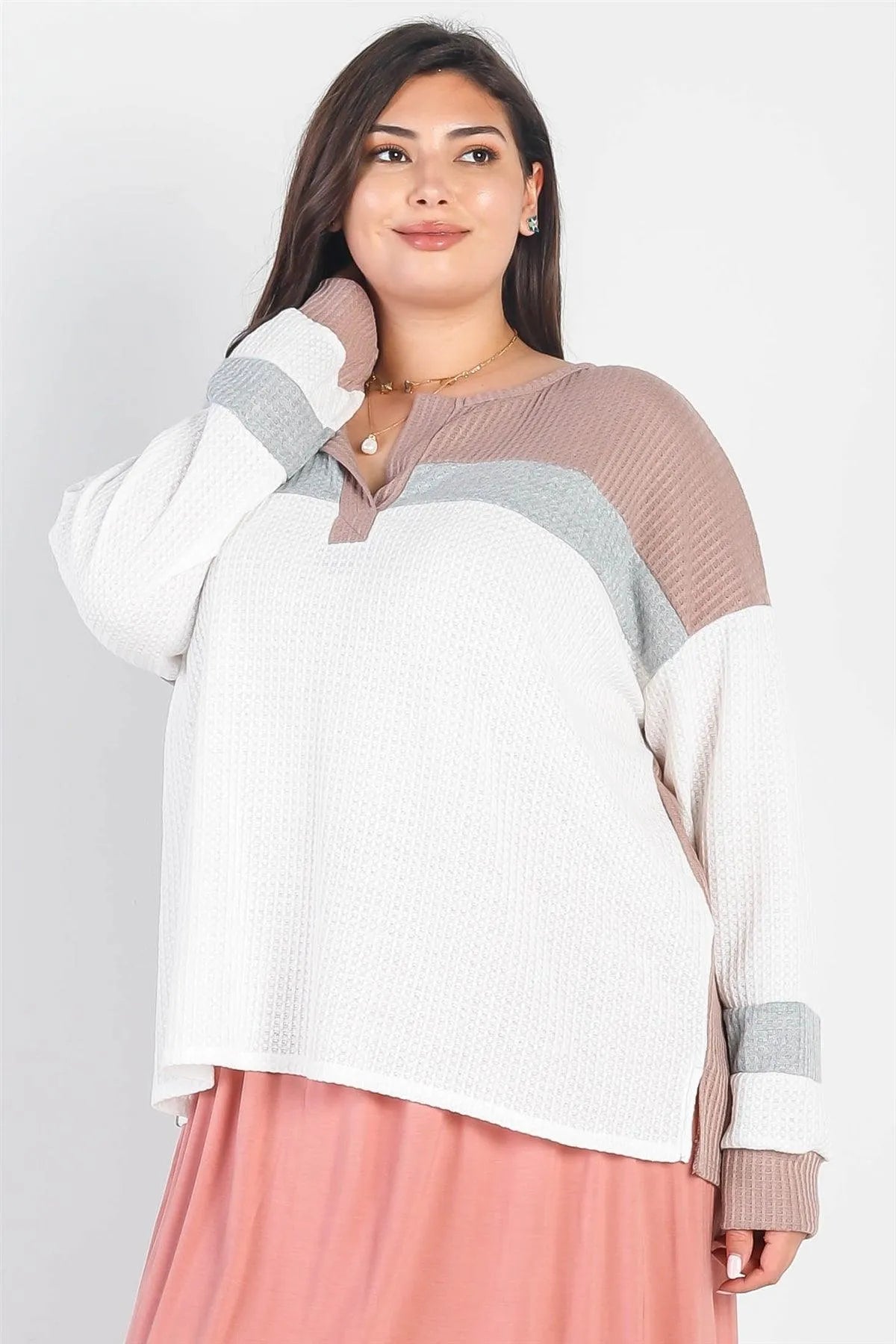 Junior Plus White & Cocoa Waffle Knit Long Sleeve Top /3-2-1 - Tasha Apparel Wholesale