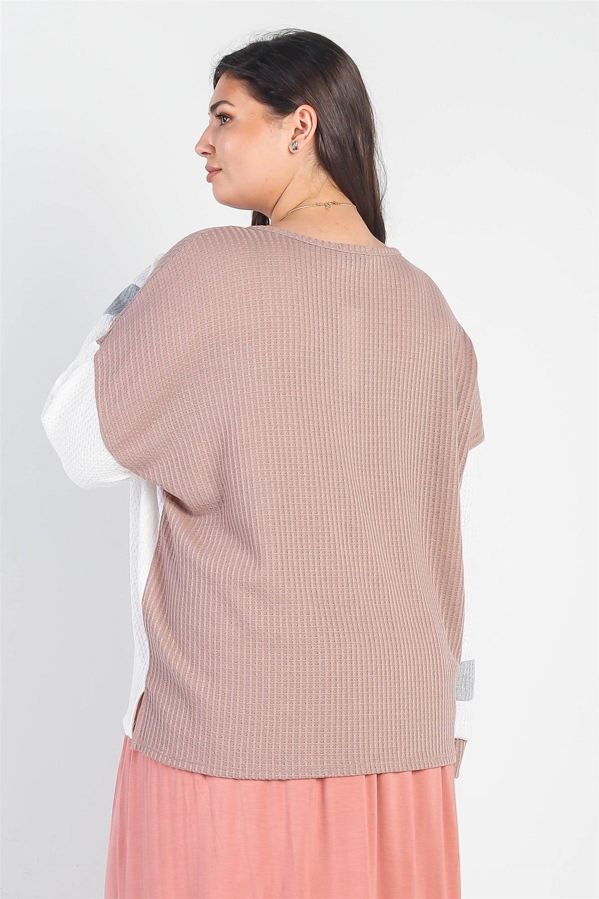 Junior Plus White & Cocoa Waffle Knit Long Sleeve Top /3-2-1