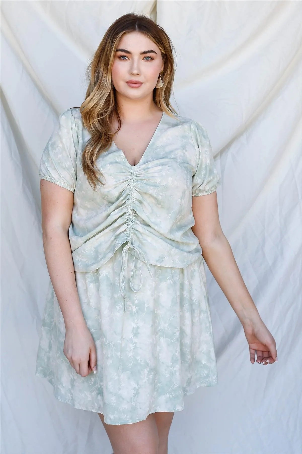 Junior Plus Sage Tie-Dye Floral Print Ruched Top & Mini Skirt Set /3-2-1 - Tasha Apparel Wholesale