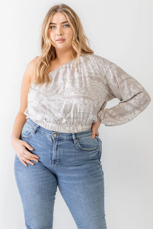 Junior Plus Grey & White Abstract Print One Shoulder Long Sleeve Crop Top /3-2-1 - Tasha Apparel Wholesale