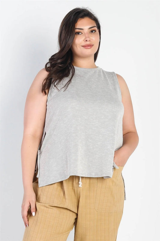 Junior Plus Warm-Grey Ribbed Self-Tie Sleeveless Top /3-2-1 - Tasha Apparel Wholesale